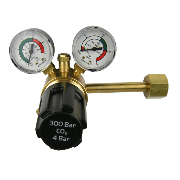 This is an image of a This is an image of a Parweld CO2 Single Stage Dual Gauge Regulator