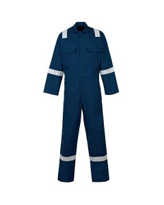 Here you will see a Blue welders flame retardant Overall or Coverall. this Welders Coverall comes in many sizes and three colours, you see here the Blue flame retardant coverall. This overall has reflective tape on the shoulder, arms and legs for added 